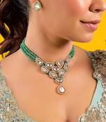 Gold plated green stone kundan necklace set