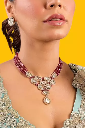 Gold plated red stone kundan necklace set