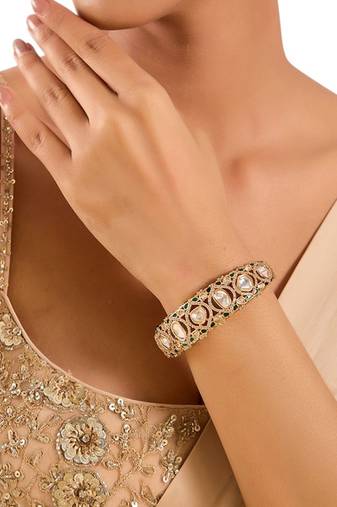 Gold plated green stone kundan bangle