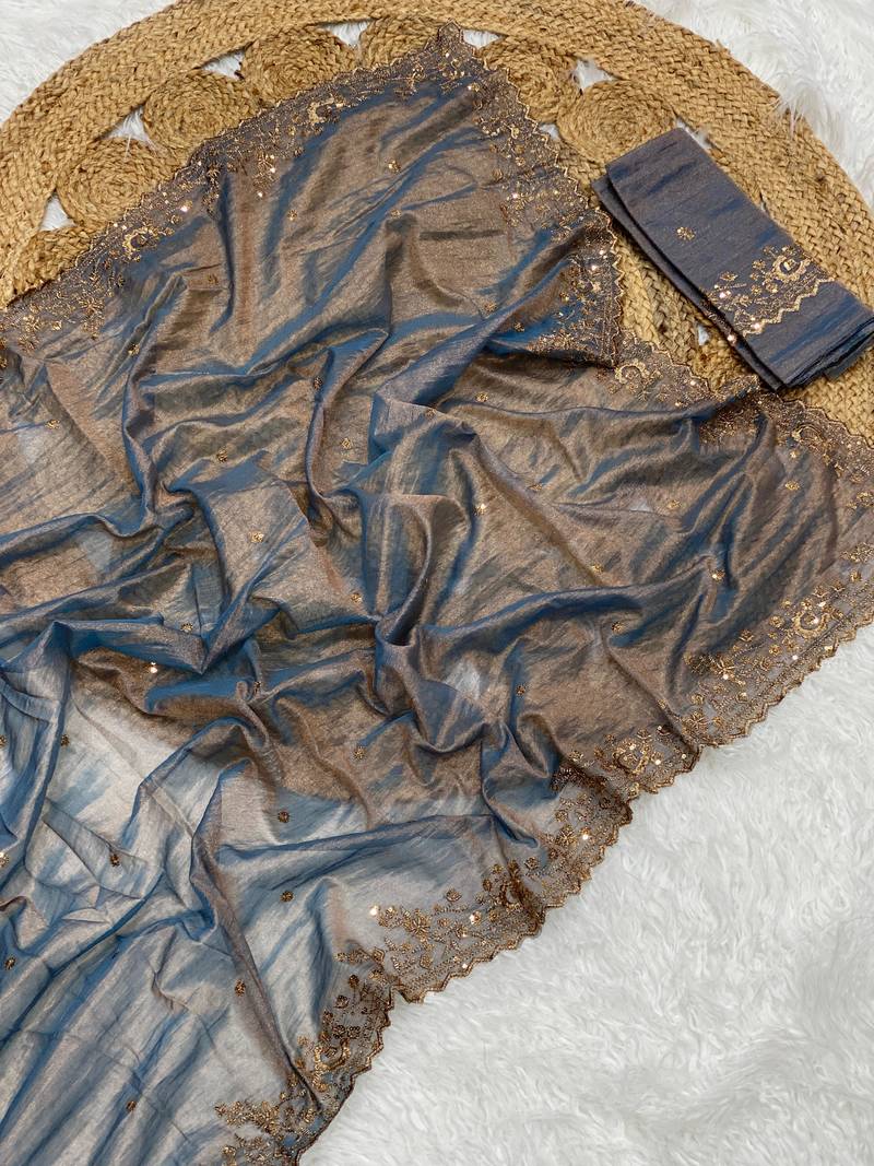 Slate Grey Color Shinny Party Wear Tonic Silk Saree