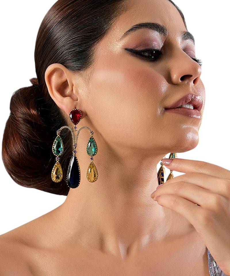 Gold plated multicolor dangler earrings
