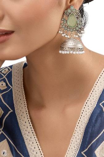 Silver plated green stone jhumkas