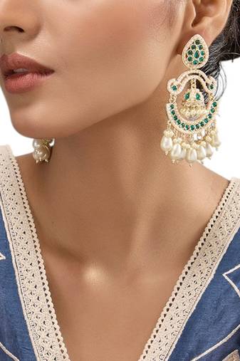 Gold plated green stone kundan chandbali earrings
