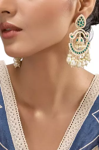 Gold plated green stone kundan chandbali earrings