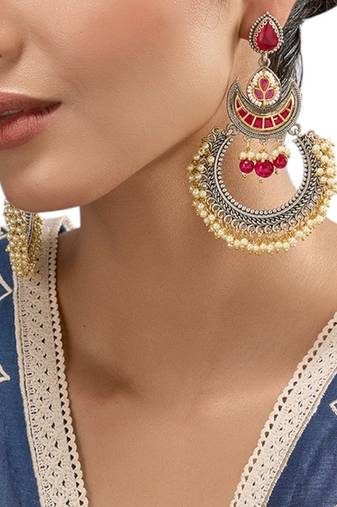 Silver plated multicolor kundan chandbali earrings