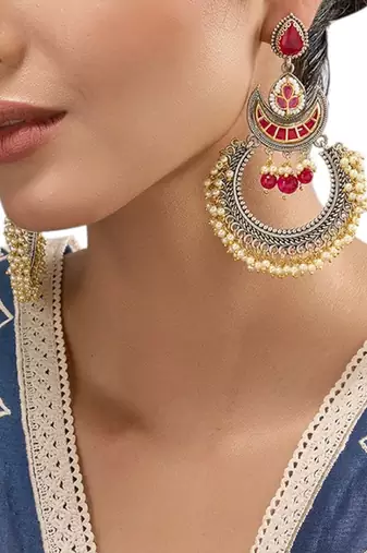 Silver plated multicolor kundan chandbali earrings