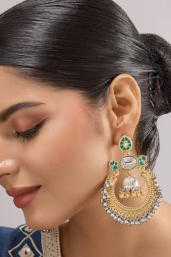 Gold plated green stone kundan chandbali earrings