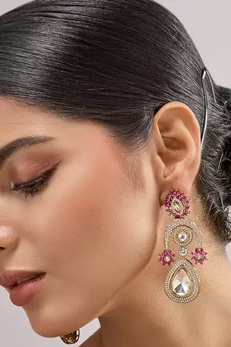 Gold plated pink stone dangler earrings