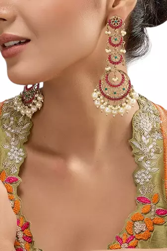 Gold plated red stone kundan dangler earrings