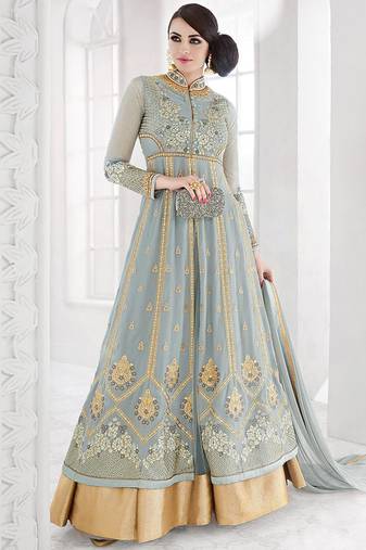 Grey Georgette Zari Embroidered Wedding Wear Designer Anarkali Semi-Suit