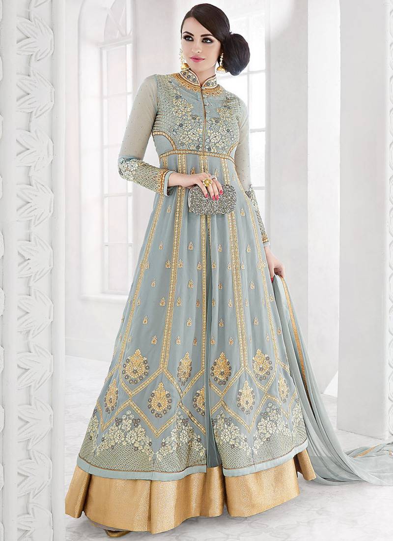 Grey Georgette Zari Embroidered Wedding Wear Designer Anarkali Semi-Suit