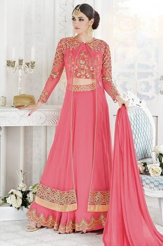 Pink Net Resham Embroidered anarkali suit