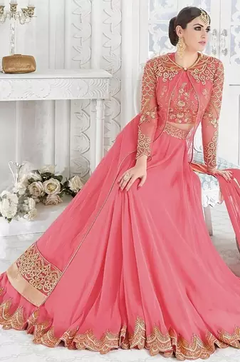 Pink Net Resham Embroidered anarkali suit