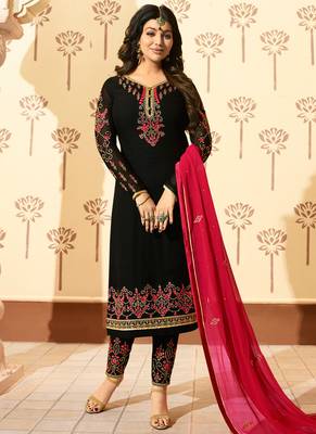 Black georgette semi stitched wedding straight suit 1