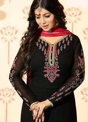 Black georgette semi stitched wedding straight suit 2