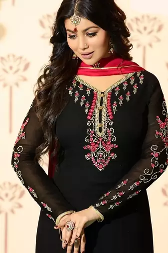 Black georgette semi stitched wedding straight suit