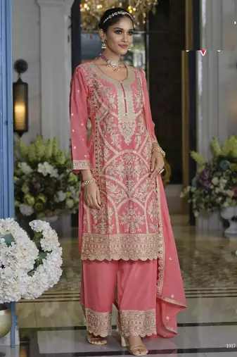 Light pink heavy chinon silk palazzo suits - full stitched free size upto 44 