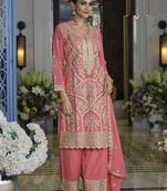 Light pink heavy chinon silk palazzo suits - full stitched free size upto 44 