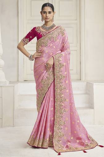 Pink color handwork and zari-cord tissue viscose saree with designer blouse fabric