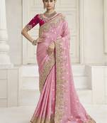 Pink color handwork and zari-cord tissue viscose saree with designer blouse fabric