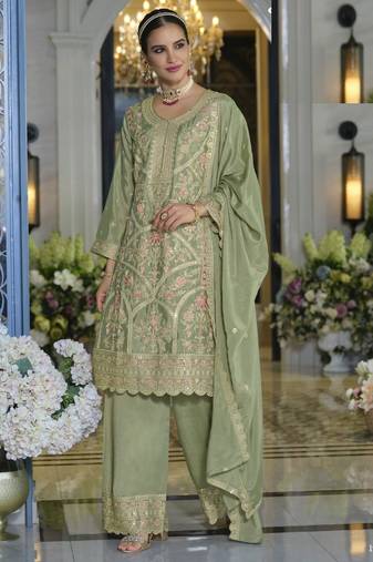 Light green heavy chinon silk palazzo suits - full stitched free size upto 44 