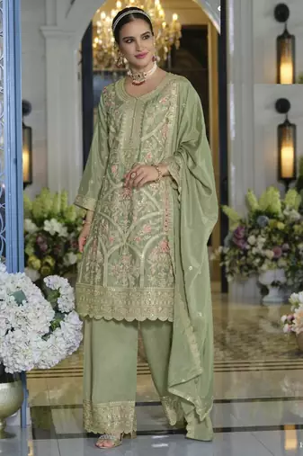 Light green heavy chinon silk palazzo suits - full stitched free size upto 44 