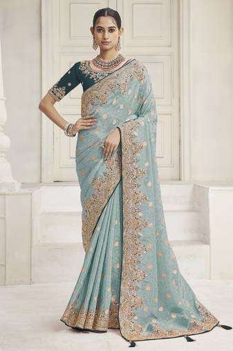 Sea green color  handwork and zari-cord tissue viscose saree with designer blouse fabric