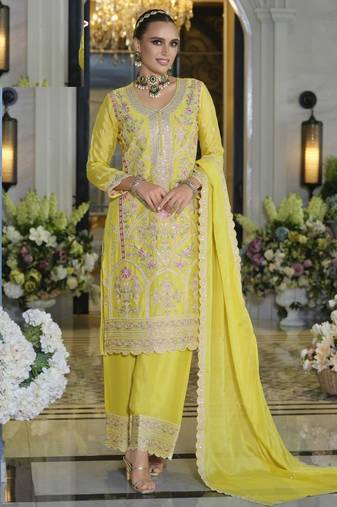 Light yellow heavy chinon silk palazzo suits - full stitched free size upto 44 