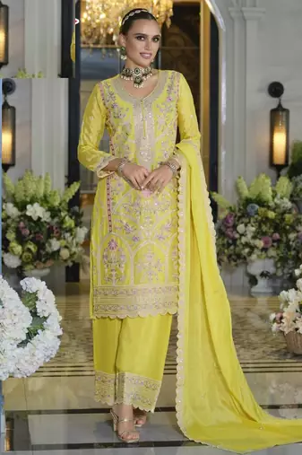 Light yellow heavy chinon silk palazzo suits - full stitched free size upto 44 