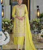 Light yellow heavy chinon silk palazzo suits - full stitched free size upto 44 