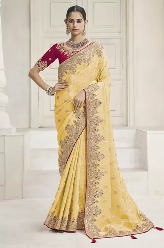 Yellow color handwork and zari-cord tissue viscose saree with designer blouse fabric