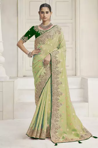 Pista green color handwork and zari-cord tissue viscose saree with designer blouse fabric