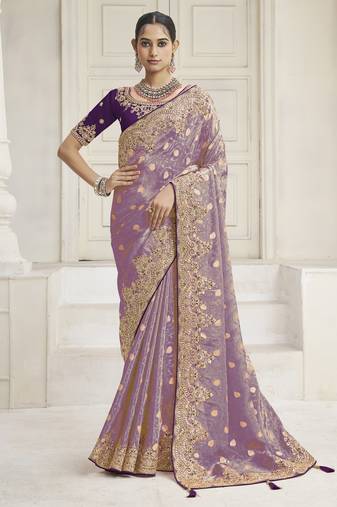 Light purple color handwork and zari-cord tissue viscose saree with designer blouse fabric