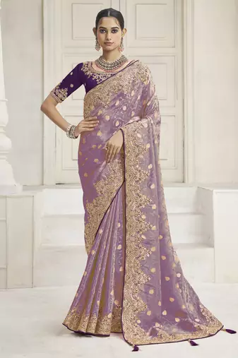 Light purple color handwork and zari-cord tissue viscose saree with designer blouse fabric