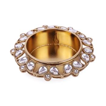 Traditional designer paisley and round shape brass gold plated white stone festival decorative deep / diya 1