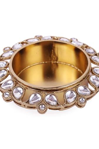 Traditional designer paisley and round shape brass gold plated white stone festival decorative deep / diya