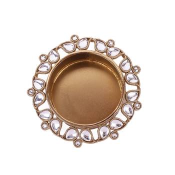 Traditional designer paisley and round shape brass gold plated white stone festival decorative deep / diya 3