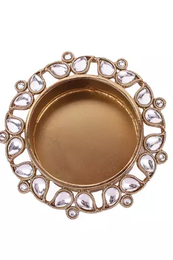 Traditional designer paisley and round shape brass gold plated white stone festival decorative deep / diya