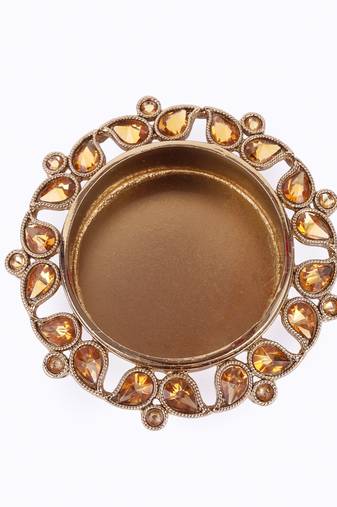 Traditional designer paisley and round shape brass gold plated brown stone festival decorative deep / diya