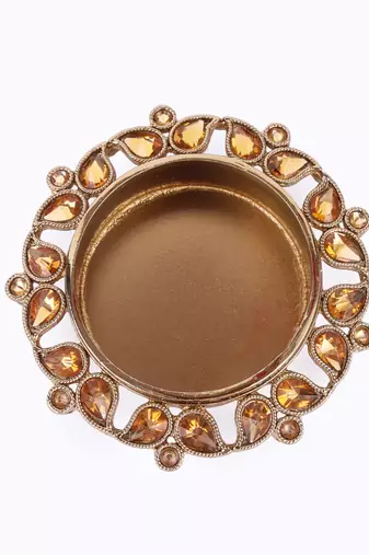 Traditional designer paisley and round shape brass gold plated brown stone festival decorative deep / diya