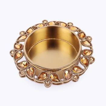 Traditional designer paisley and round shape brass gold plated brown stone festival decorative deep / diya 2