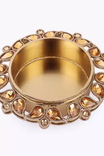 Traditional designer paisley and round shape brass gold plated brown stone festival decorative deep / diya