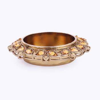 Traditional designer paisley and round shape brass gold plated brown stone festival decorative deep / diya 3