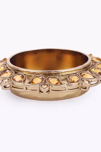 Traditional designer paisley and round shape brass gold plated brown stone festival decorative deep / diya