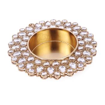 Traditional dazzling oval and round shape brass gold plated white stone festival decorative deep / diya 1
