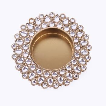 Traditional dazzling oval and round shape brass gold plated white stone festival decorative deep / diya 3