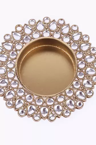 Traditional dazzling oval and round shape brass gold plated white stone festival decorative deep / diya