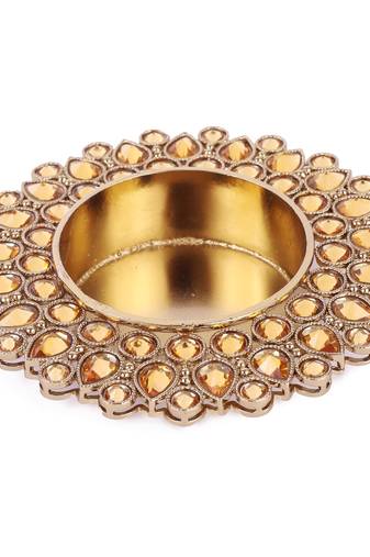 Traditional dazzling oval and round shape brass gold plated brown stone festival decorative deep / diya