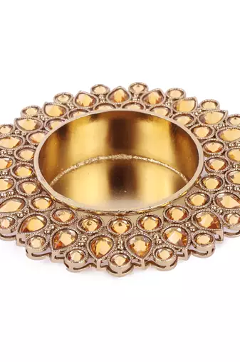 Traditional dazzling oval and round shape brass gold plated brown stone festival decorative deep / diya