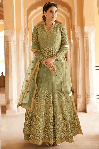 Green Net Zari Embroidered Wedding Wear Designer Anarkali Semi-Suit